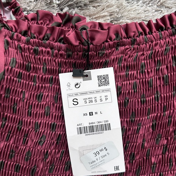 NWT Zara Satin Burgundy Red & Green Polka Dot Smocked
Puff Sleeve Top - Picture 3 of 4